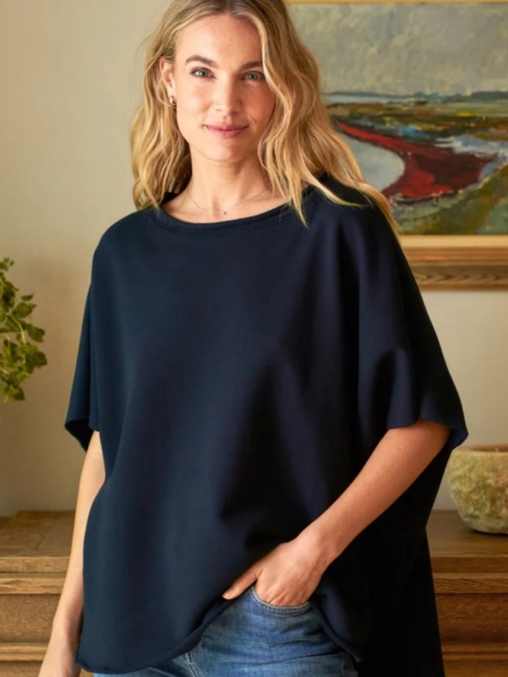 Frank & Eileen Olive Capelet Navy Blue Triple Fleece Sweatshirt OS